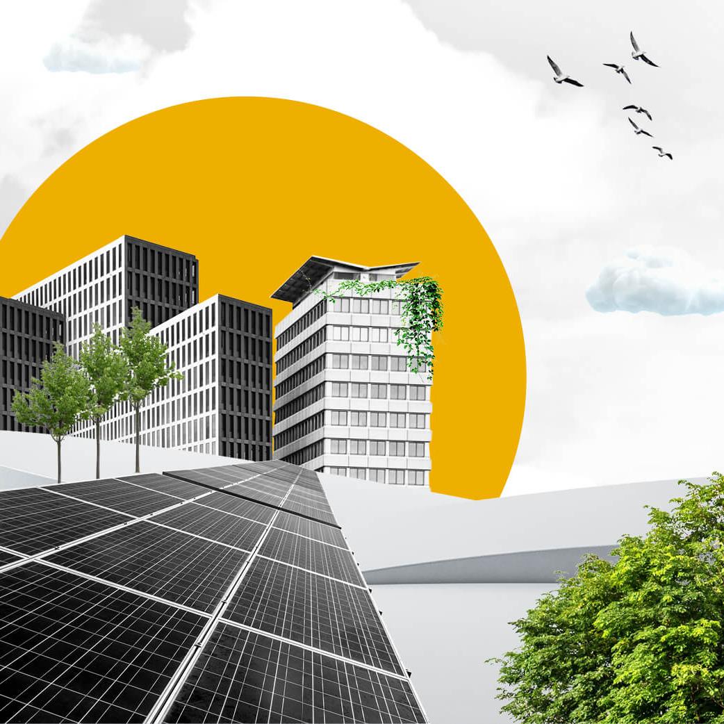 Solar panels charging by green trees and office buildings, with a yellow sun behind